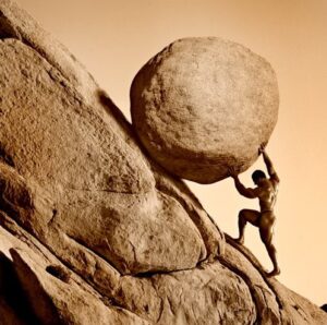 image of Sisyphus pushing a rock up a hill: sissy squats are not for sissies